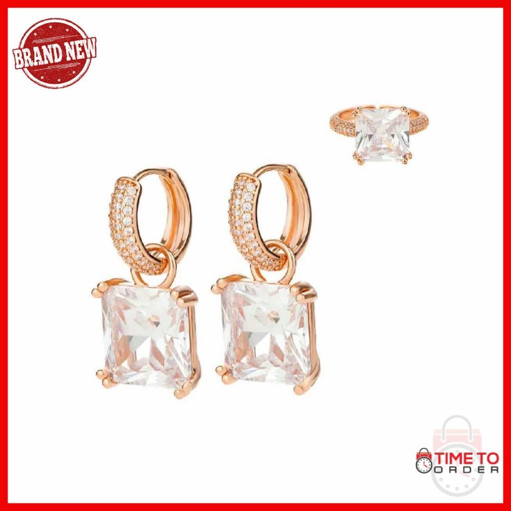 Adjustable Rhinestone Ring and Earring Set Silver-Plated Wedding Jewelry